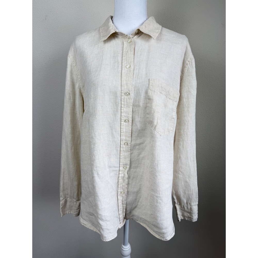 H&M Women 100% Linen Button Down Shirt Large Beige Long Sleeve Old Money Neutral